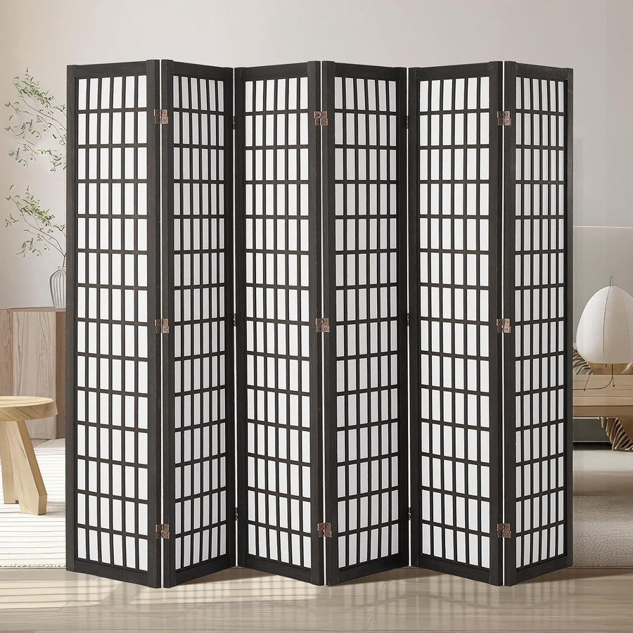 6 Panel Japanese Folding Room Divider Black Wood Privacy Screen 242x170cm