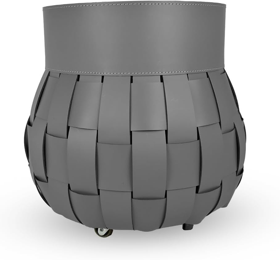 Grey Leather Firewood Basket with Wheels – Indoor Log Holder, 45x45x48 cm