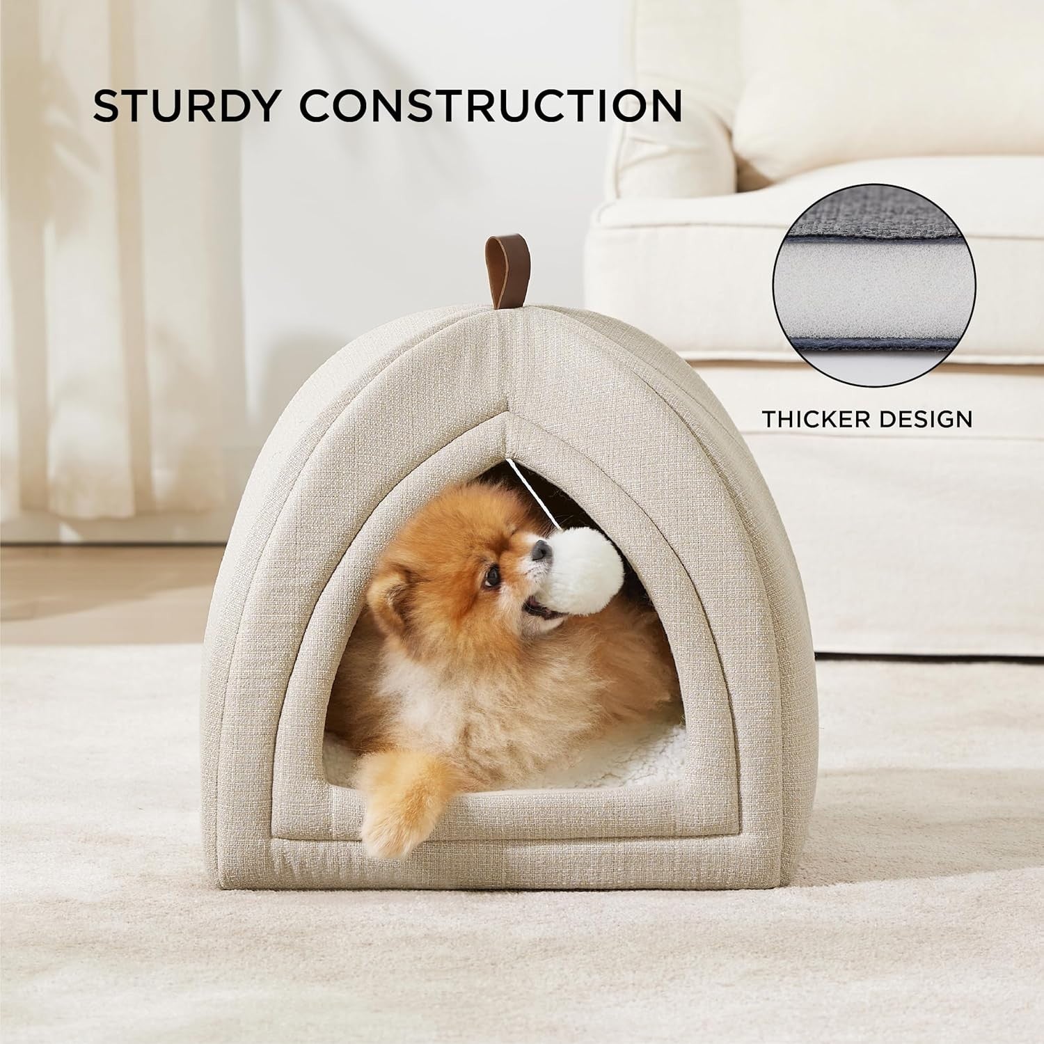 Large Cat Cave Bed 44cm Igloo Tent Washable Cushion Beige