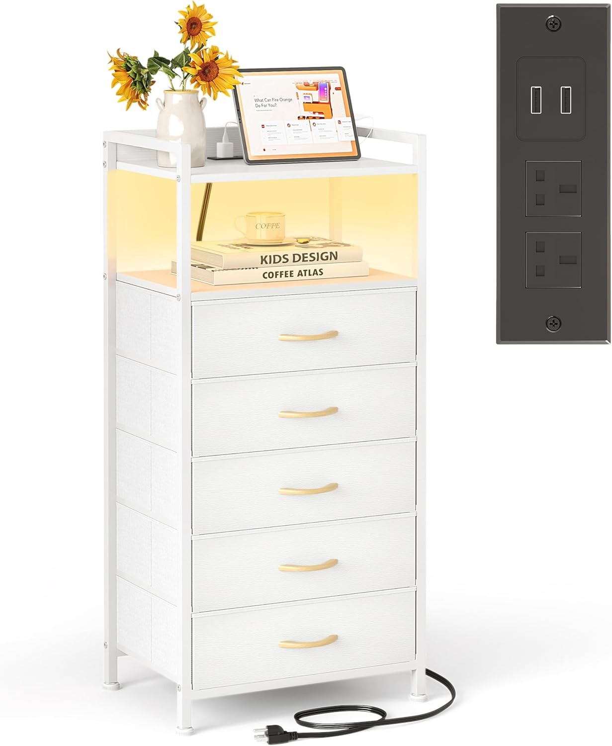 Tall White LED Bedside Table with Charging Ports 5-Drawer Modern Storage Unit