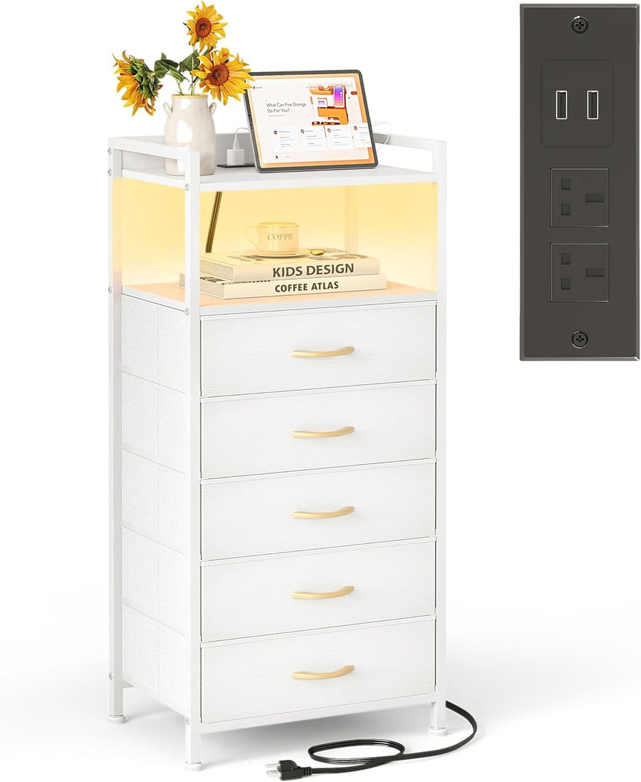 Tall White LED Bedside Table with Charging Ports 5-Drawer Modern Storage Unit