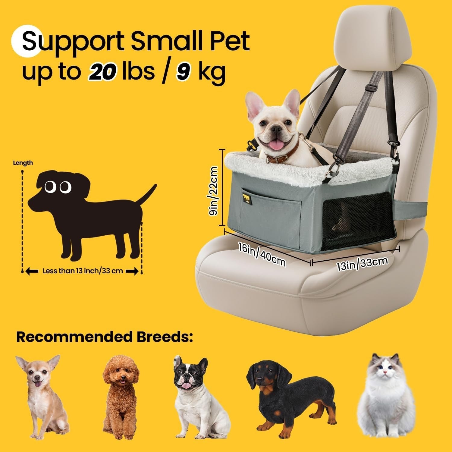Elevated Dog Car Seat Booster Bed Safety Tether Waterproof Grey