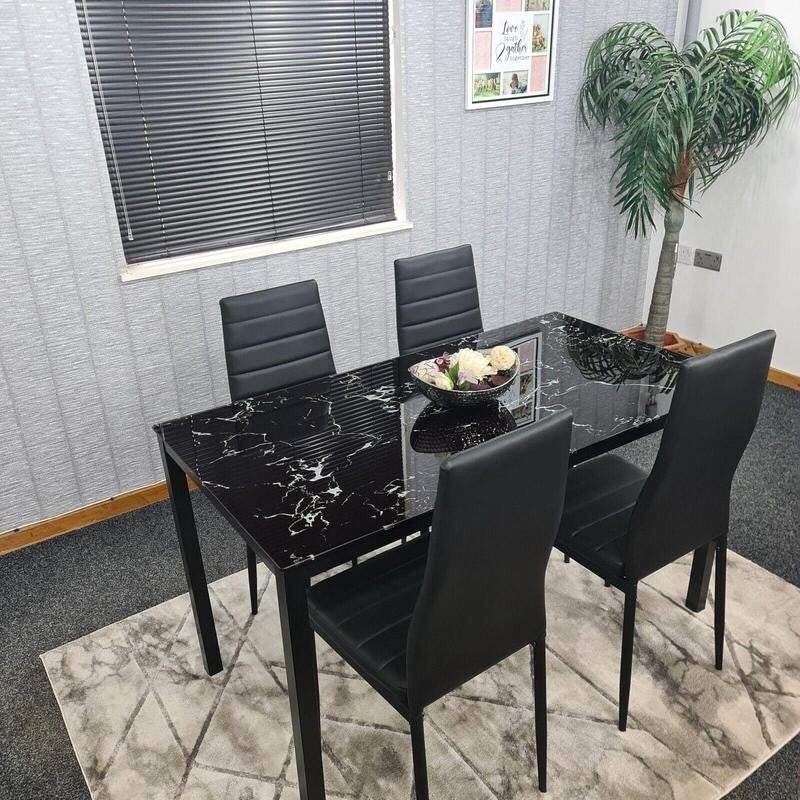 Black Glass Marble Dining Table Set with 4 Faux Leather Chairs Modern