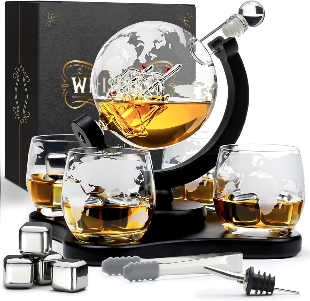 900ml Globe Whiskey Decanter Set with 4 Glasses Stones Tongs Luxury Gift