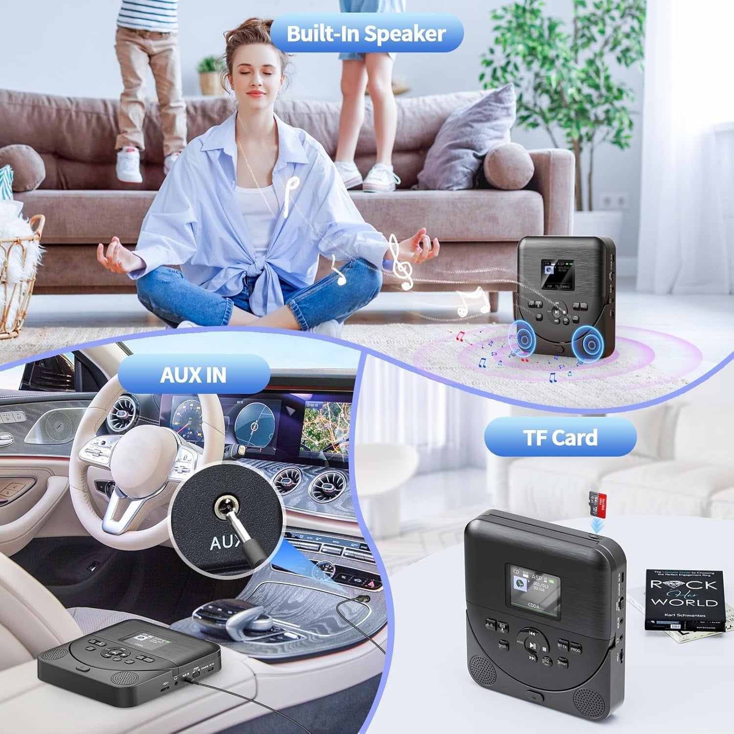 Portable Bluetooth CD Player FM Transmitter TF AUX Rechargeable Black