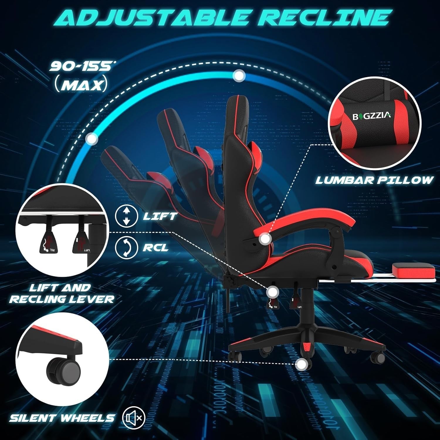 Gaming Chair High Back Recliner LED Lights Ergonomic PC Racing Swivel Red