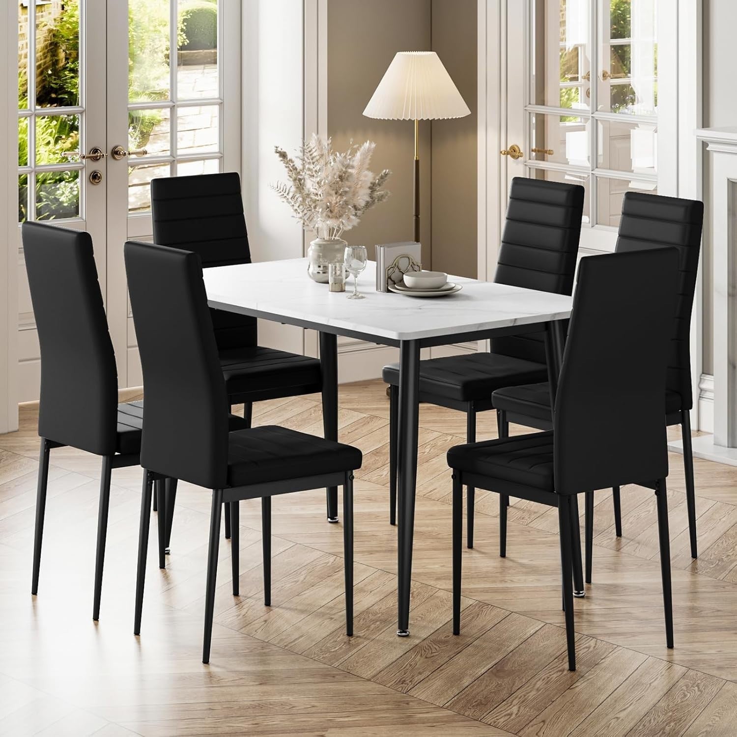 6 Seater Marble Dining Table Set Faux Leather Chairs Modern Kitchen
