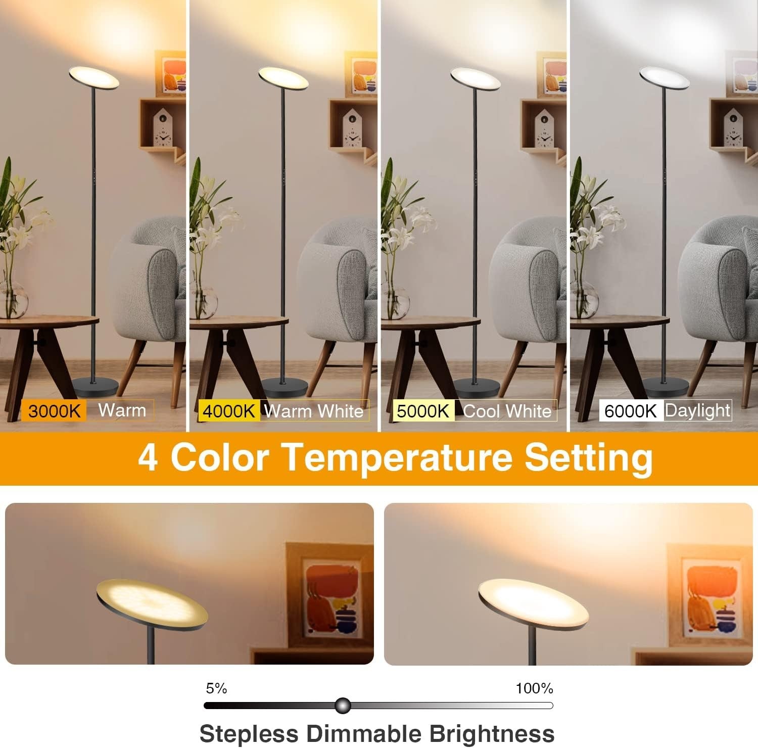LED Uplighter Floor Lamp 3000LM Dimmable Torchiere Remote Touch Black