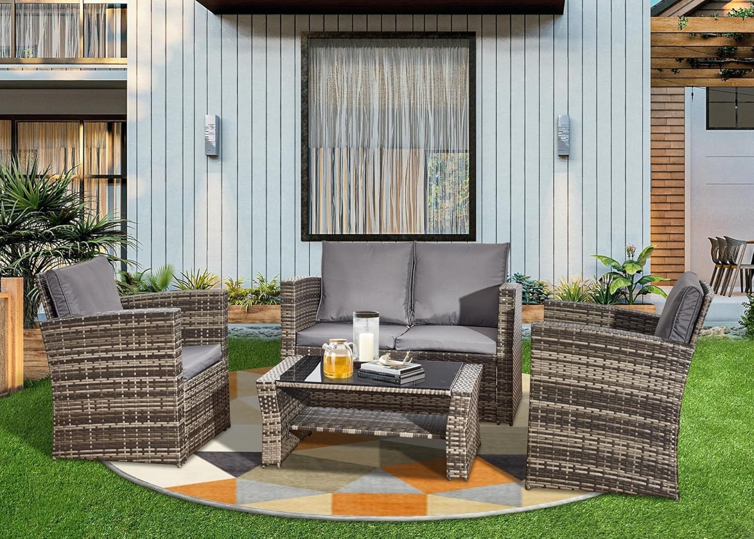 4pc Rattan Garden Furniture Set Outdoor Patio Sofa Chairs Table Wicker