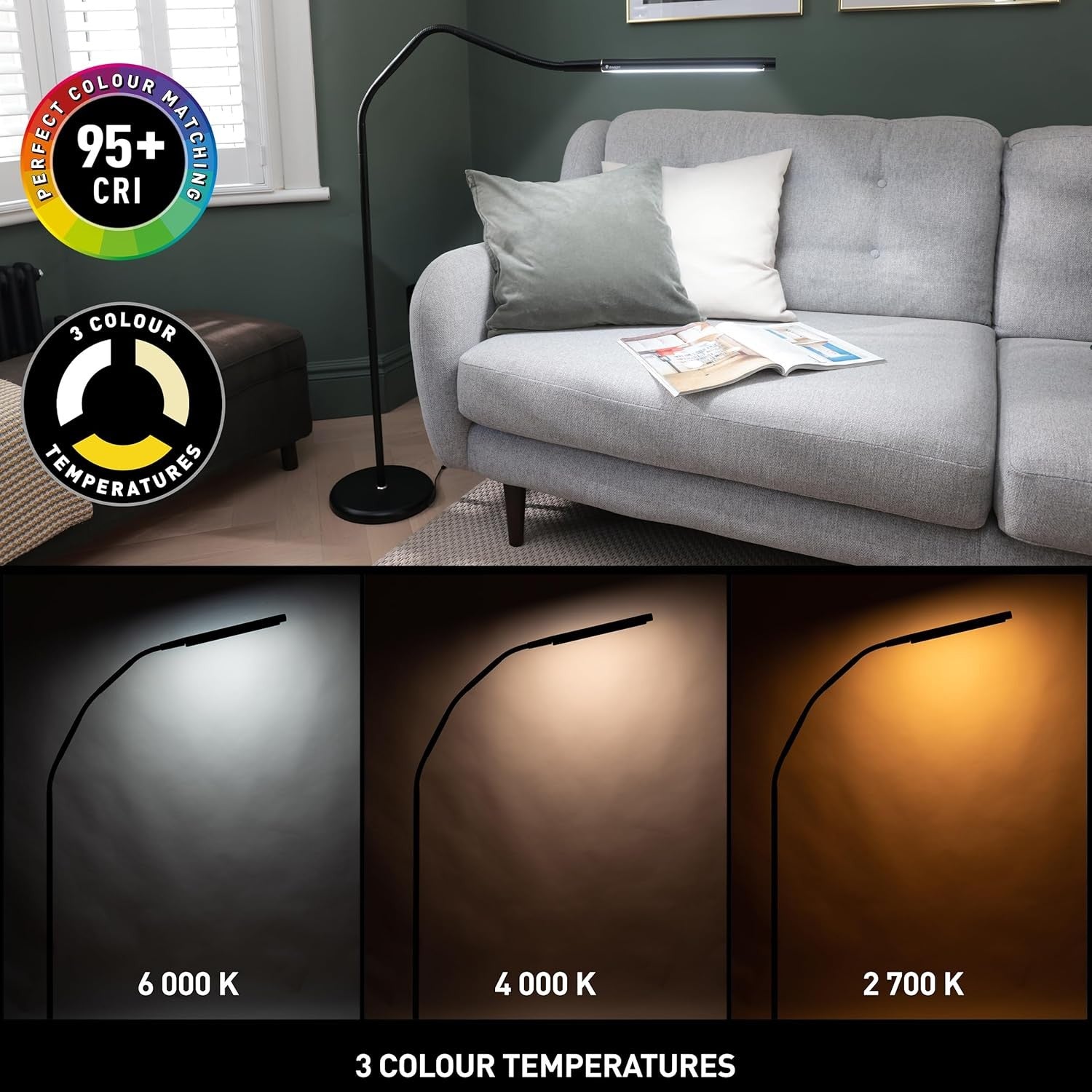 LED Floor Lamp Adjustable Brightness Black Reading Lamp Flexible Arm