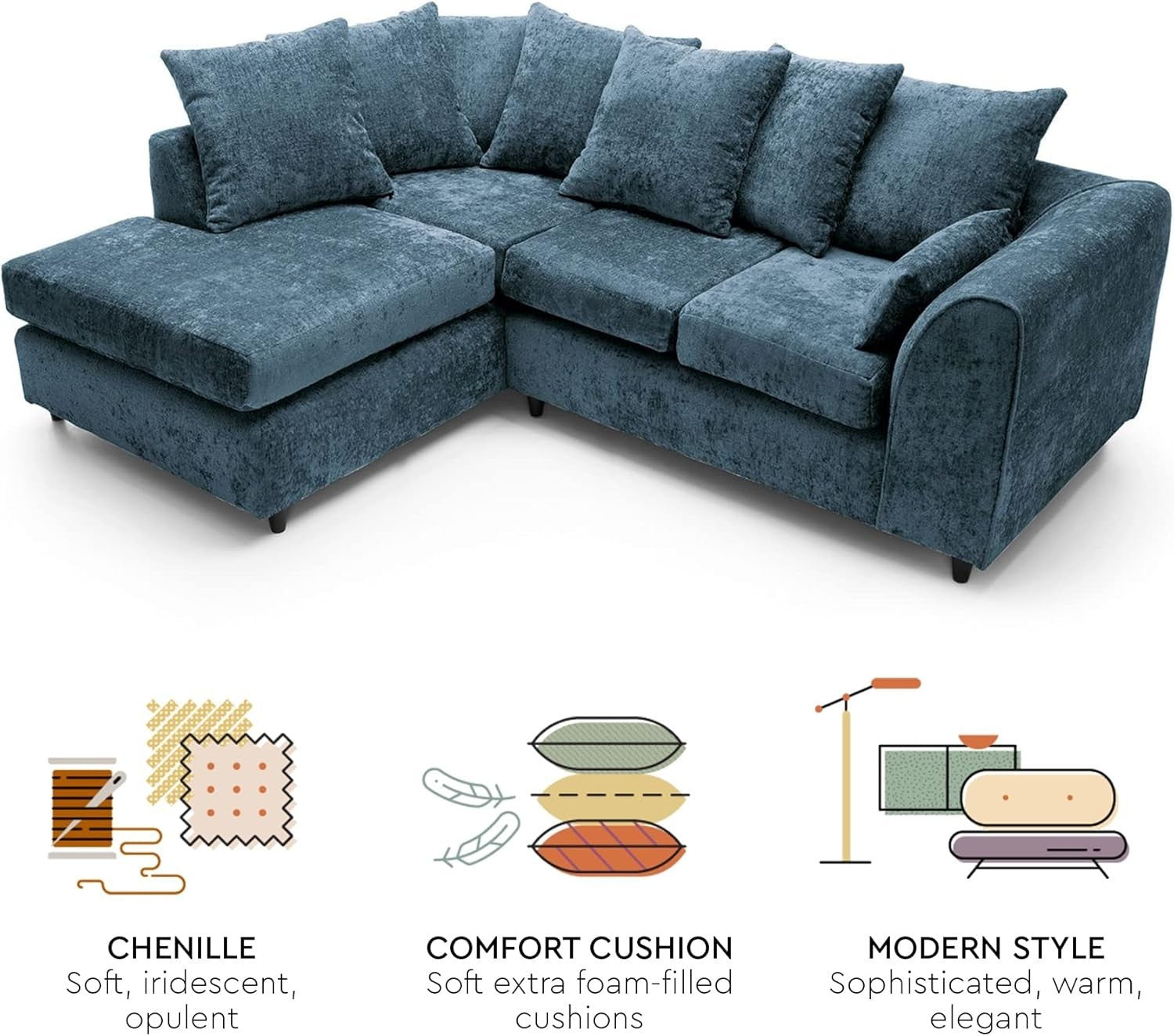 Dark Blue L Shaped Sofa Couch 4 Seater Crushed Velvet Corner Unit Modern