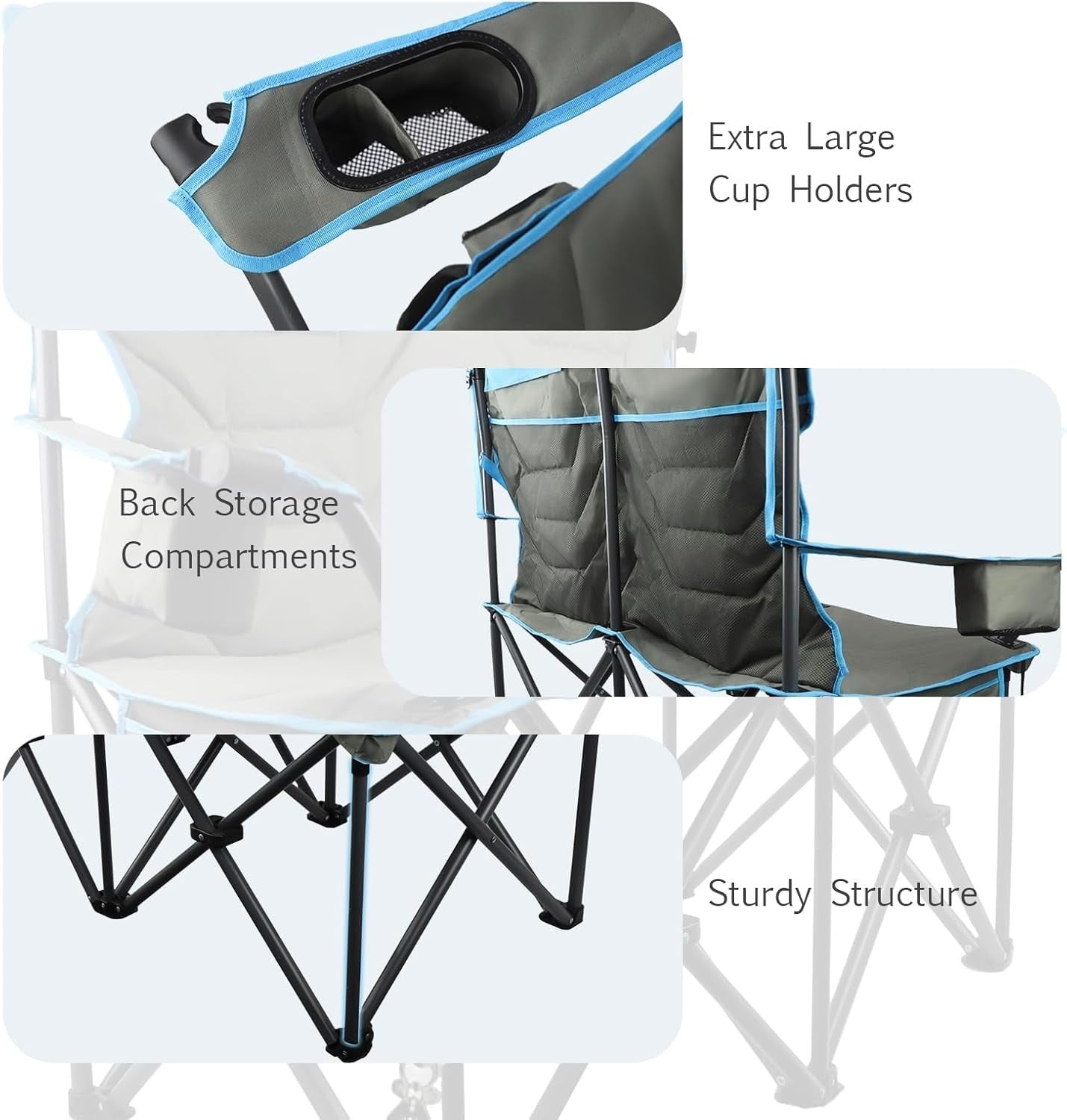 Double Folding Camping Chair 2-Seater Heavy Duty Cooler Cup Holders 650lbs