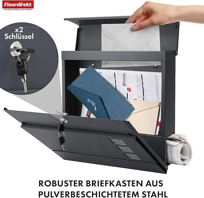 Lockable Wall Mounted Letterbox with Windows & Newspaper Slot – Rustproof Steel