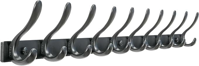 Black Wall Mounted Coat Rack 94cm | 10 Heavy Duty Metal Double Hooks for Coats
