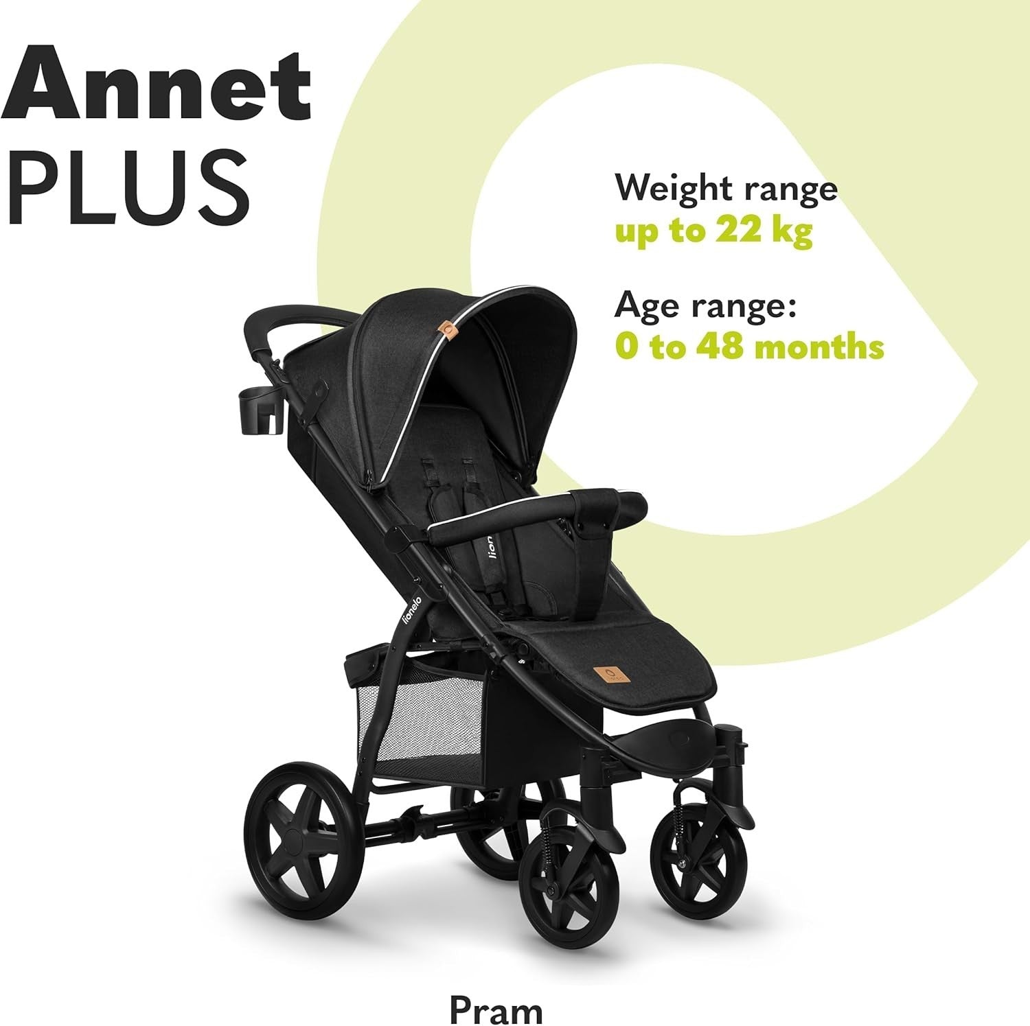 All Terrain Pushchair Lie Flat Newborn–4Y 22kg Foldable XXL Hood Black