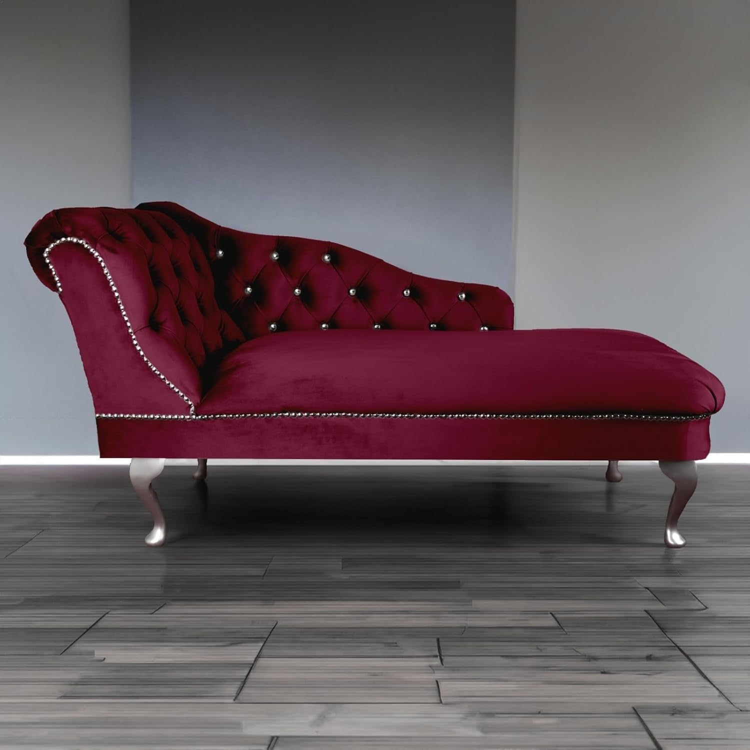 Luxury Velvet Chaise Lounge Sofa Left Hand – Tufted Seat, Silver Legs, UK Made