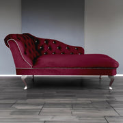 Luxury Velvet Chaise Lounge Sofa Left Hand – Tufted Seat, Silver Legs, UK Made