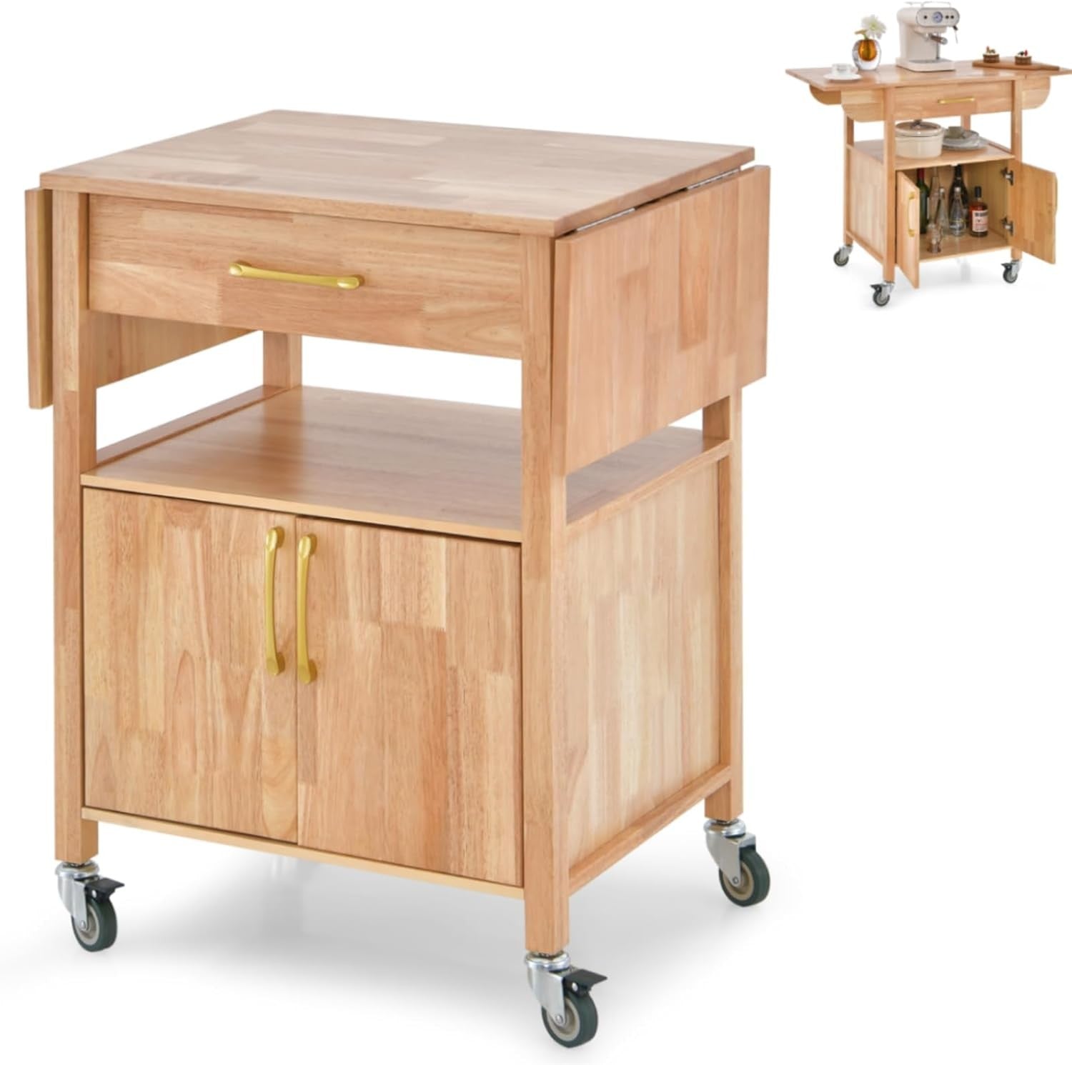 Rolling Kitchen Island Cart with Drop Leaf Worktop Drawer Cabinet on Wheels