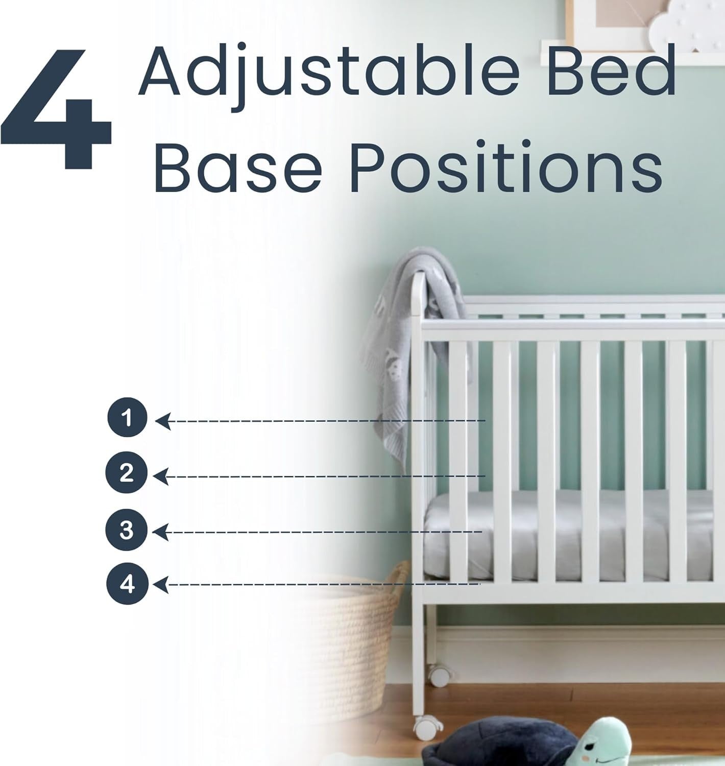 Space Saver Baby Cot Bed Adjustable Height with Wheels White Compact Crib White