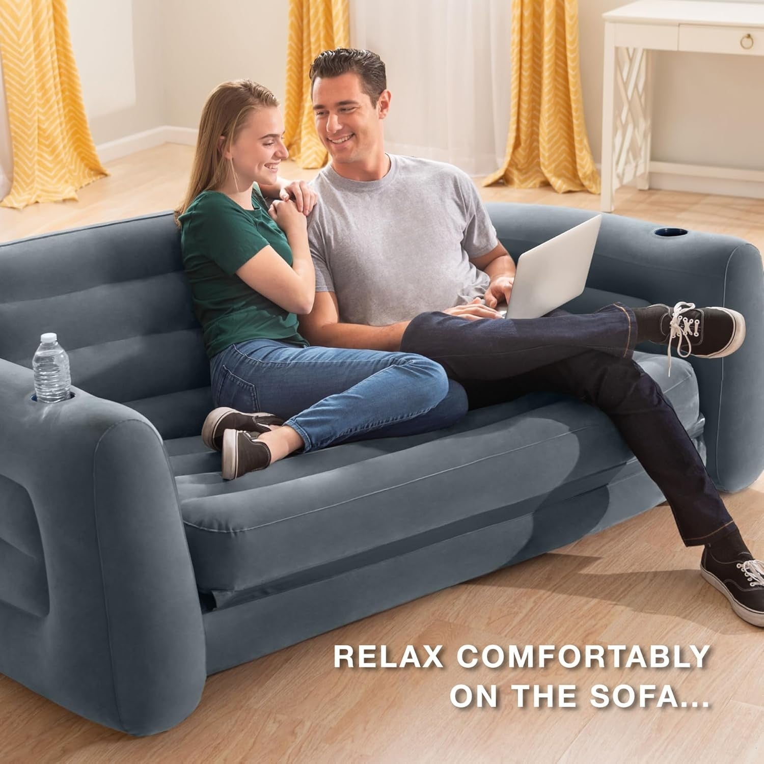Queen Inflatable Sofa Bed 2-in-1 Air Grey Mattress Waterproof Flocked Top