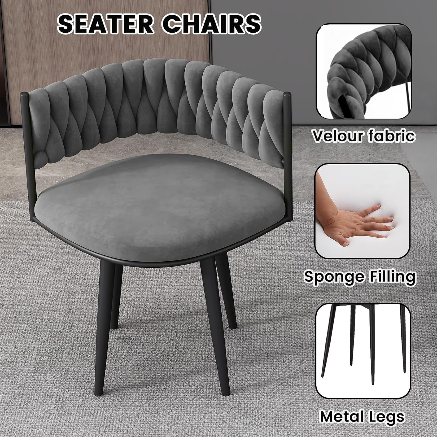 Space-Saving Rock Slab Marble Dining Table & 4 Velvet Chairs Set Grey