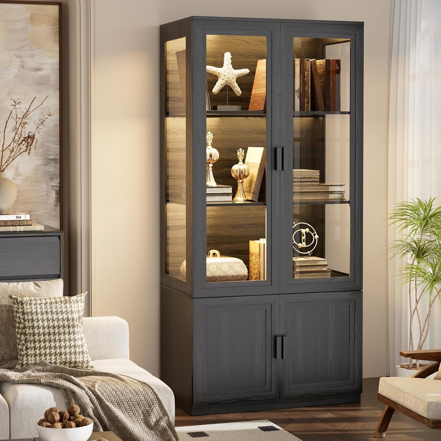 Glass Display Cabinet w/ Lights, Lockable Doors, 3-Tier Storage Unit