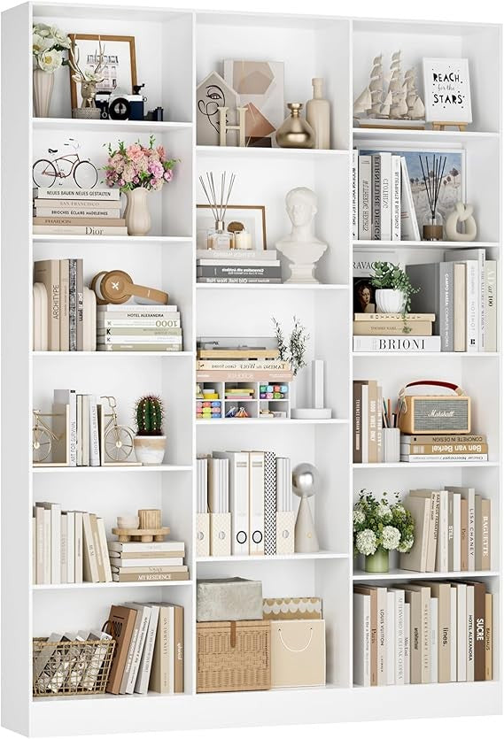 Tall White 6-Tier Bookshelf 188cm Large Display Unit with 17 Shelves for Home