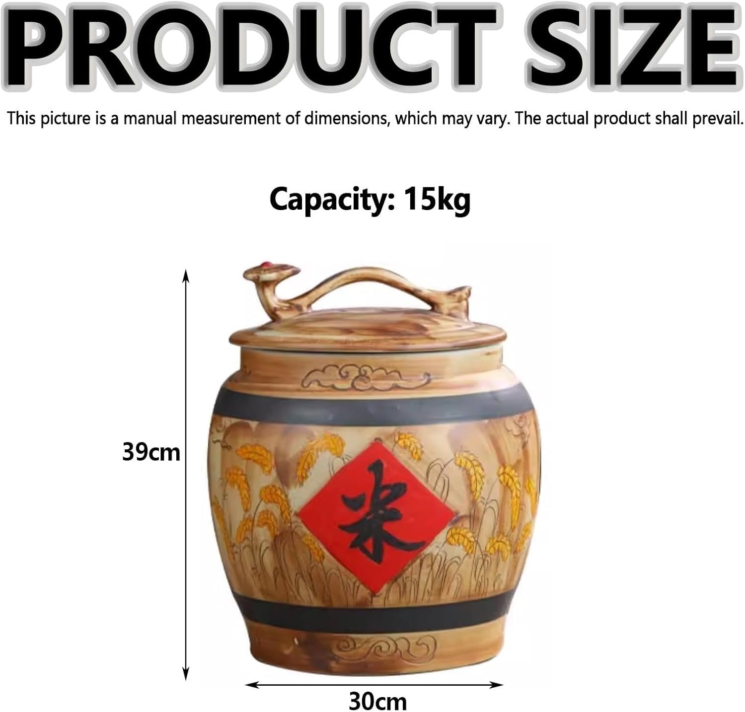 15KG Ceramic Rice Storage Jar Airtight Grain Container with Lid