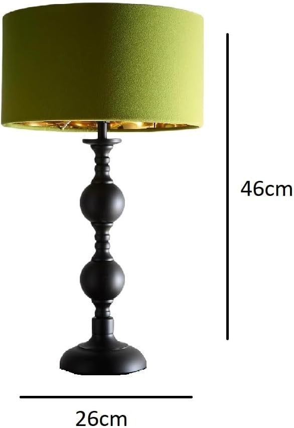 Modern Black Table Lamp Green Velvet Drum Shade Bedside Desk Light