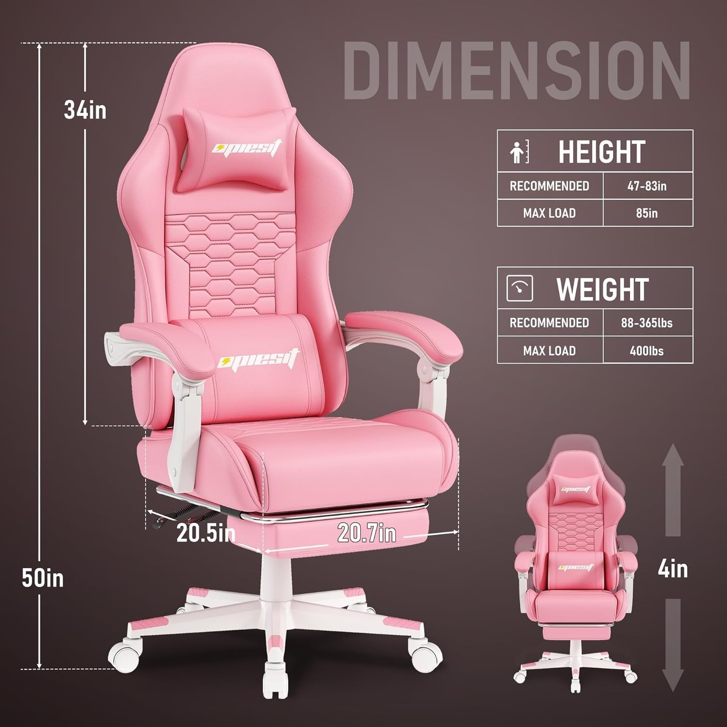 Ergonomic Gaming Chair with Footrest Reclining Pink Swivel