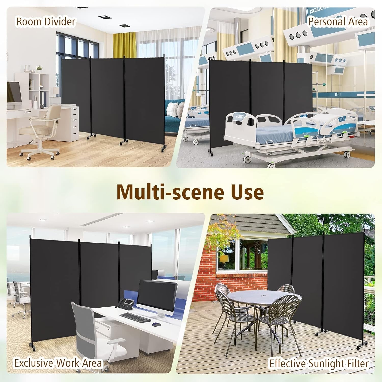 3-Panel Grey Folding Room Divider 260x30x180cm Privacy Screen Partition