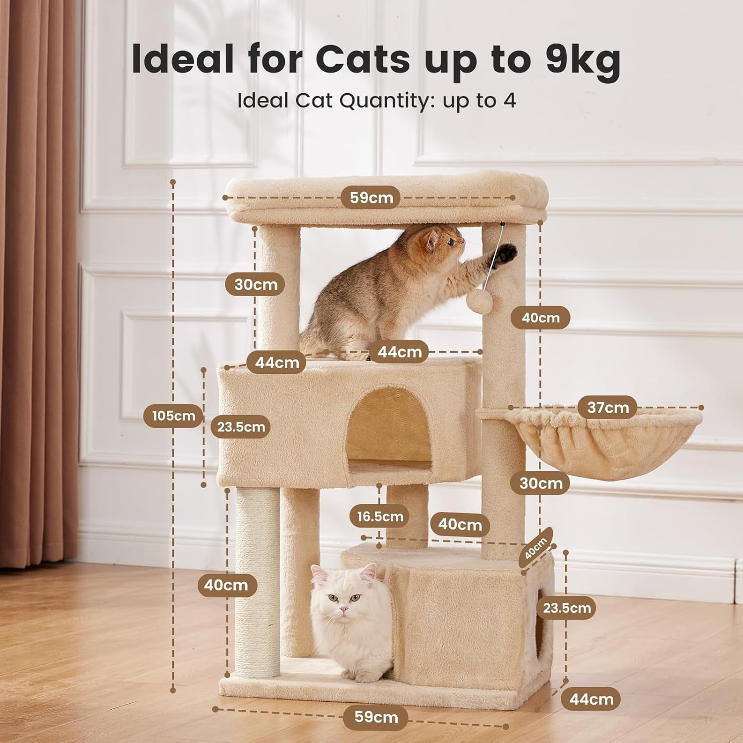 Cat Tree Tower 105cm 4 Level Scratching Post Condo Hammock Centre