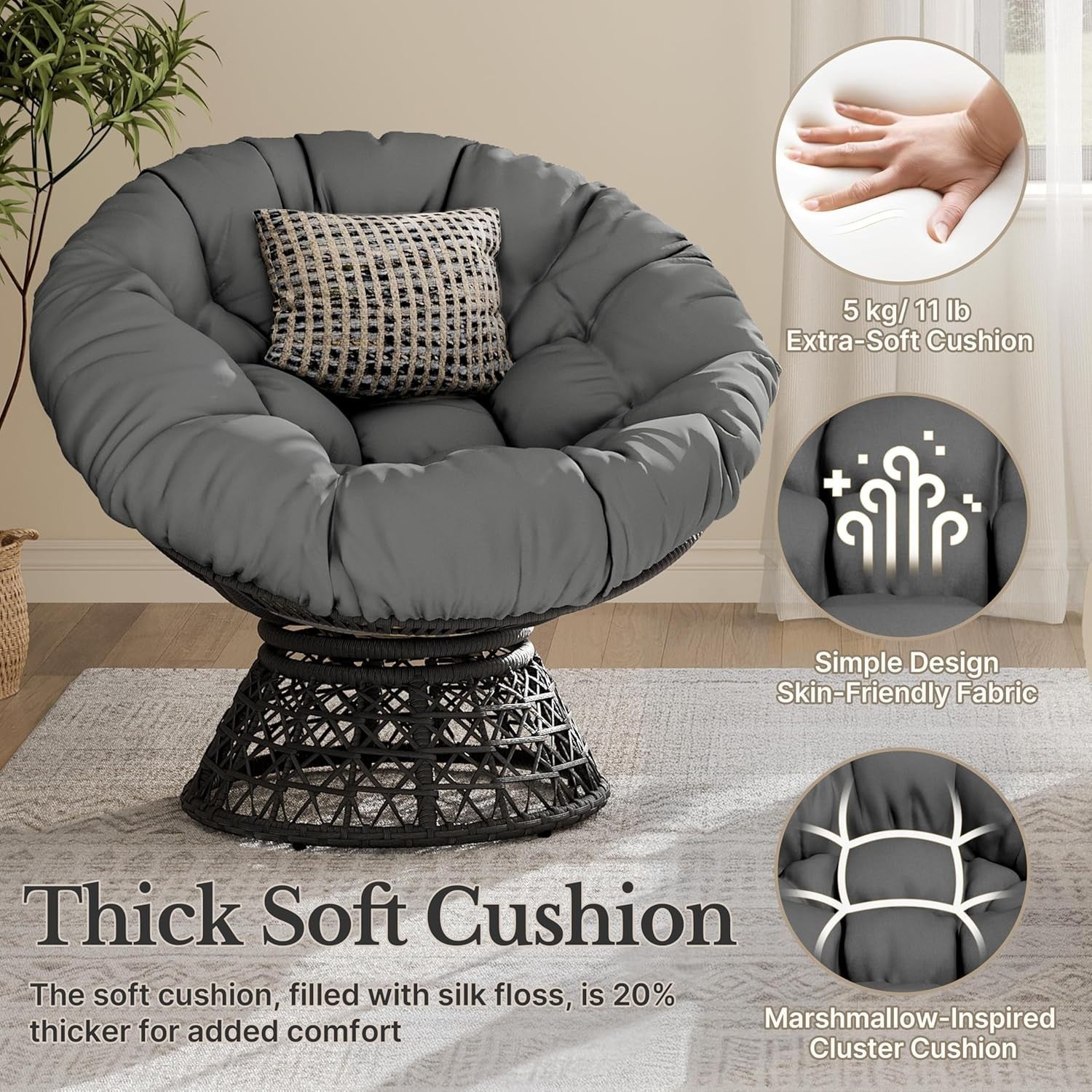 Swivel Papasan Moon Chair Oversized Round Lounge Chair with Thick Cushion
