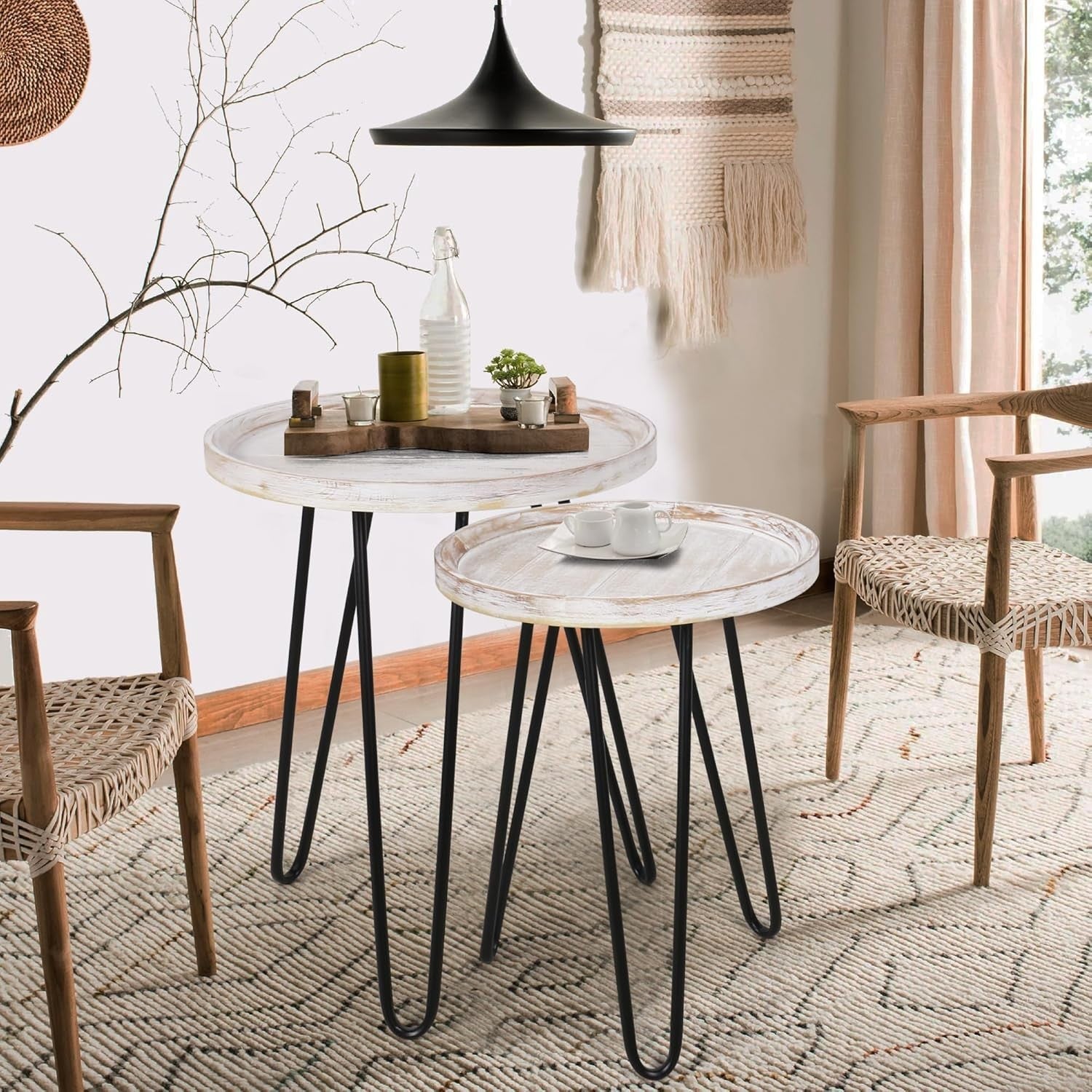 Distressed White Round Nesting Coffee Table Set Wood Metal Storage Living Room