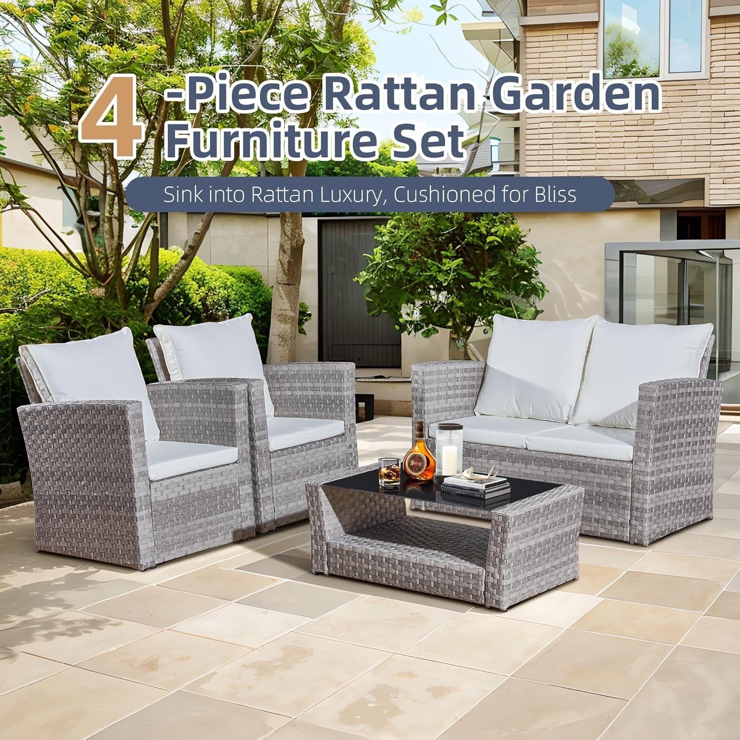 Rattan Garden Sofa Set 4pc Grey Chairs Glass Table Cushions Patio Use