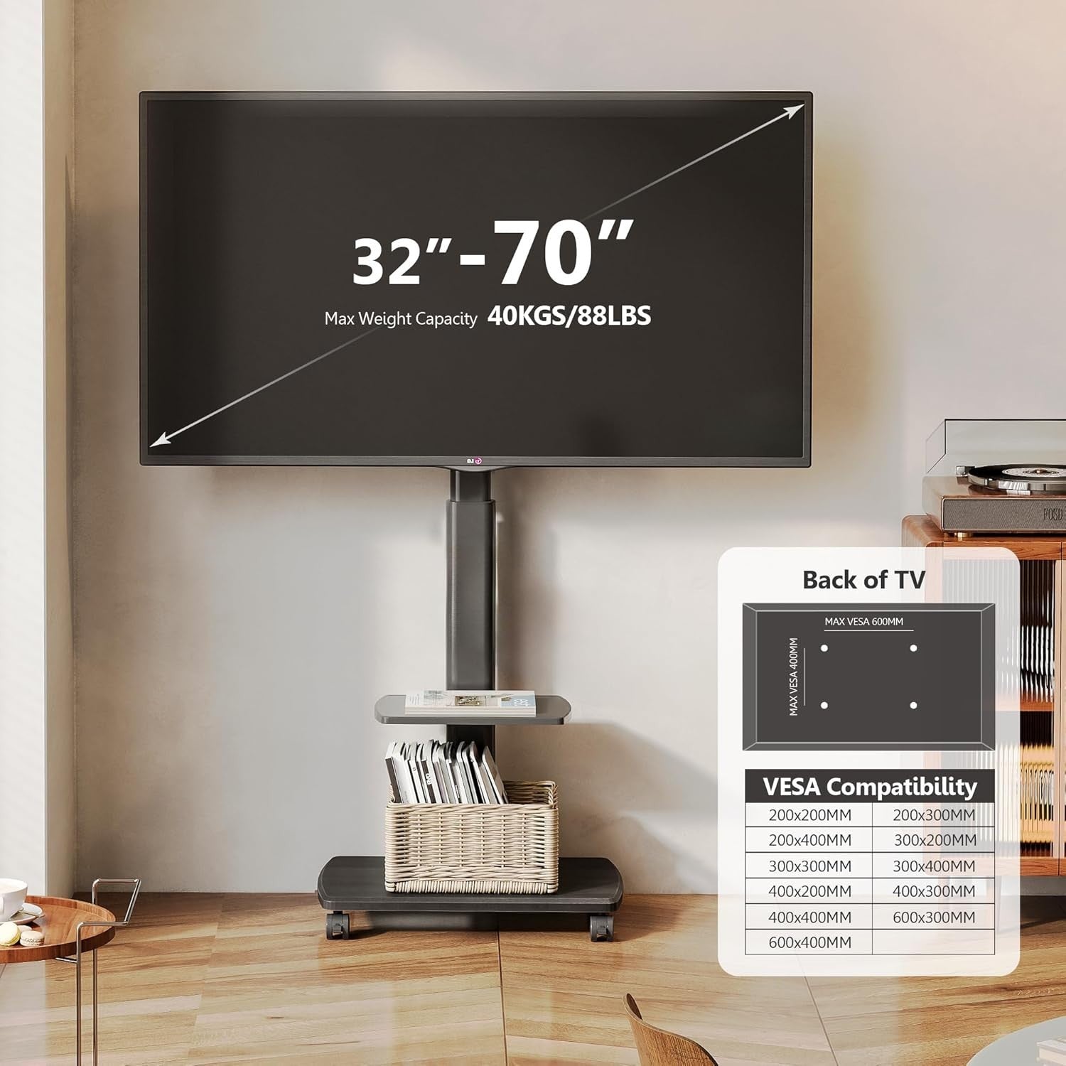 Mobile TV Stand 32–70" Wheels Shelf Tilt Swivel Height Adjustable 40kg