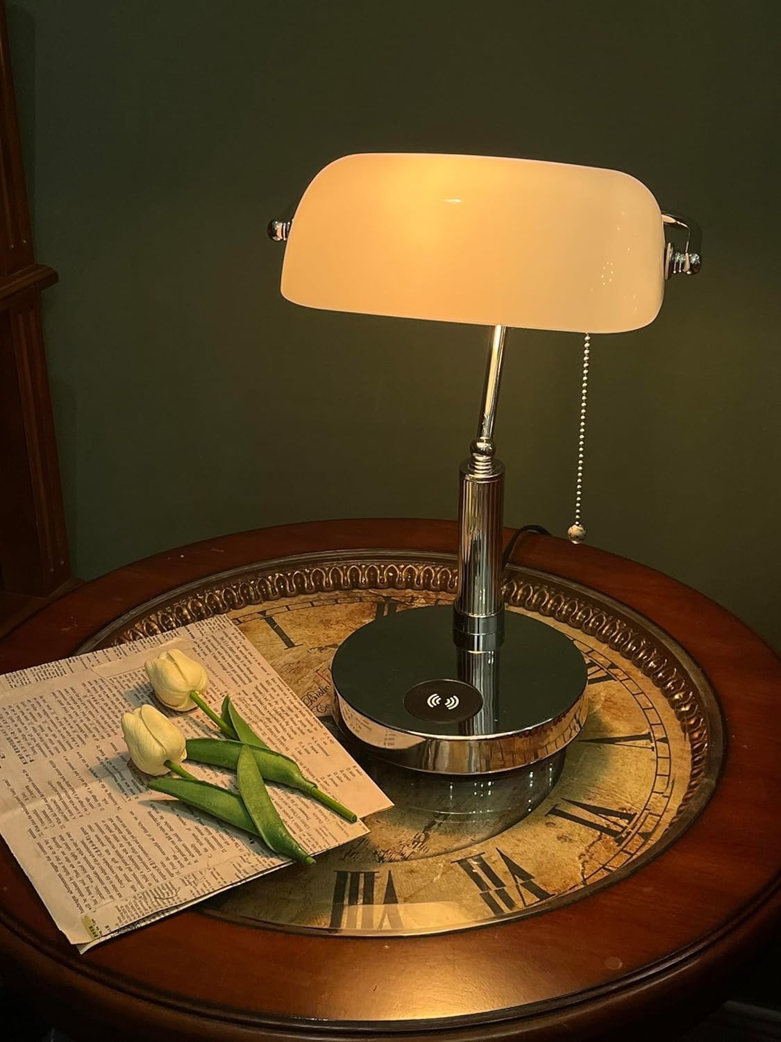 White Glass Desk Lamp with Wireless Charger & USB Port, Study Room Light