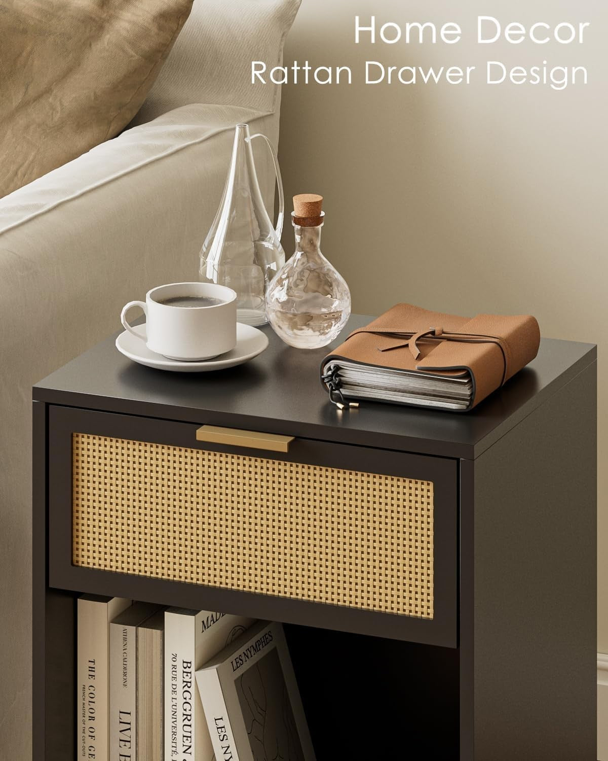 Modern Black Rattan Bedside Table with Drawer & Shelf – Gold Metal Legs