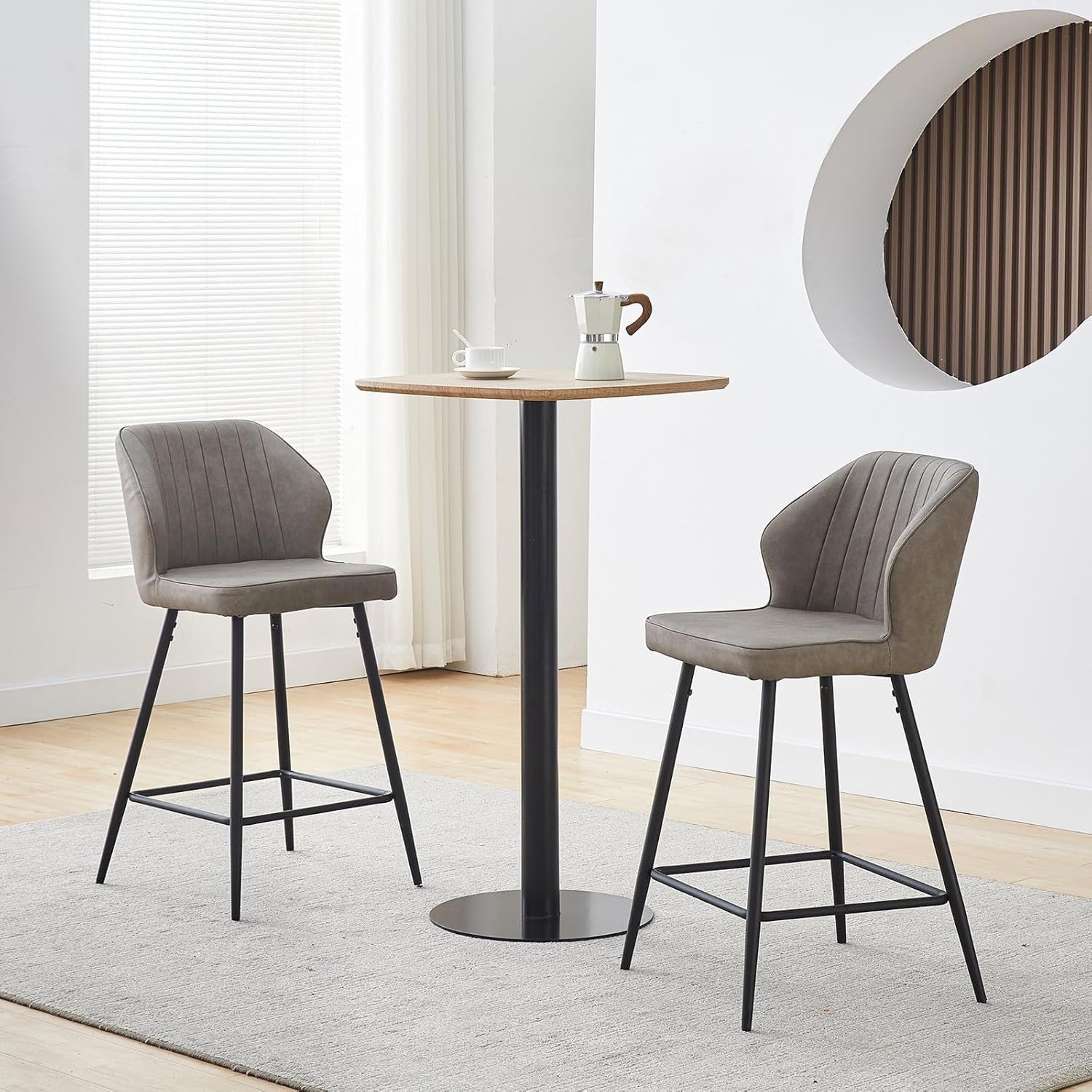 Light Grey Bar Stool Set of 2 | Faux Leather Counter Stools with Back & Arms