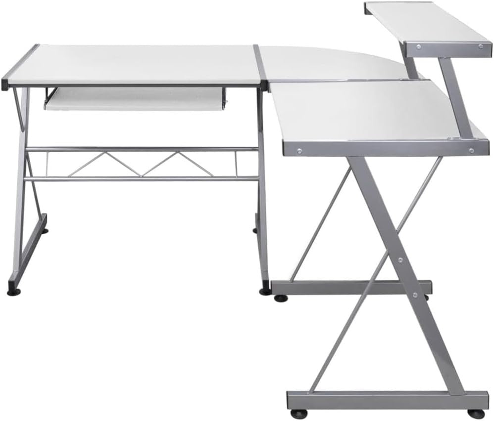 White L-Shaped Corner Computer Desk 132cm with Keyboard Tray, Shelf Office Table