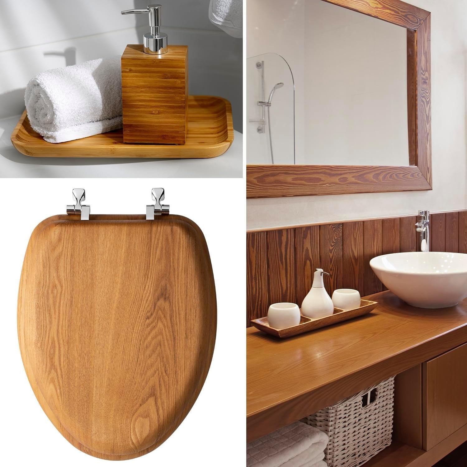 Elongated Toilet Seat Natural Oak Wood Soft Durable Chrome Hinges