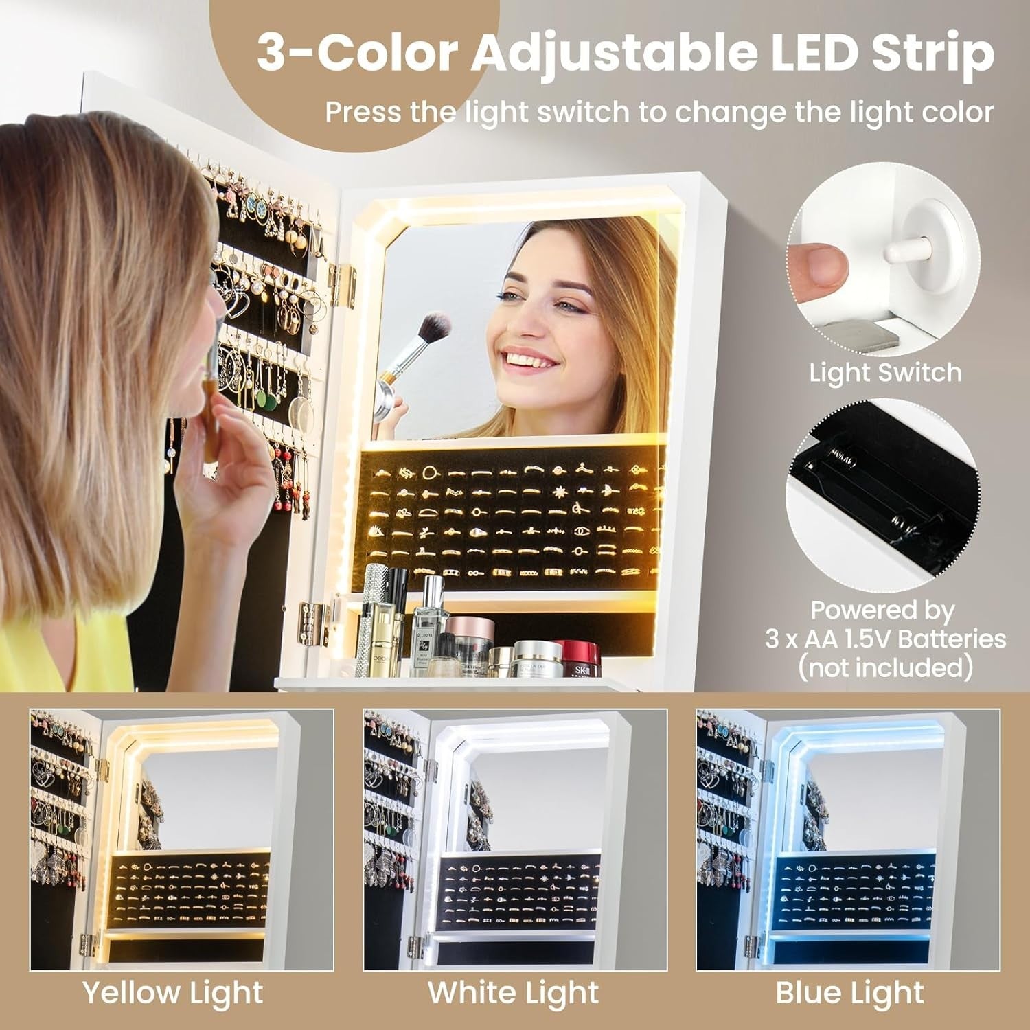 LED Jewelry Cabinet Full Length Mirror Freestanding Organizer with Drawers