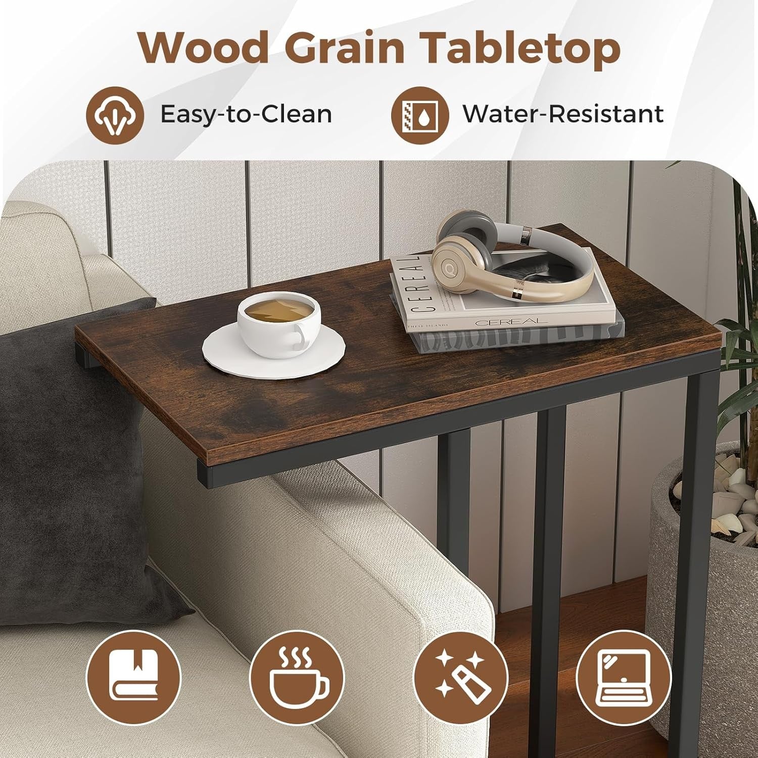 C-Shaped Side Table Rustic Brown | Industrial Sofa Laptop Snack Table 64cm