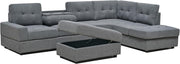 Modern Grey L-Shape Corner Sofa with Ottoman & Cup Holders, Space-Saving
