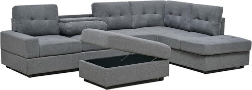 Modern Grey L-Shape Corner Sofa with Ottoman & Cup Holders, Space-Saving