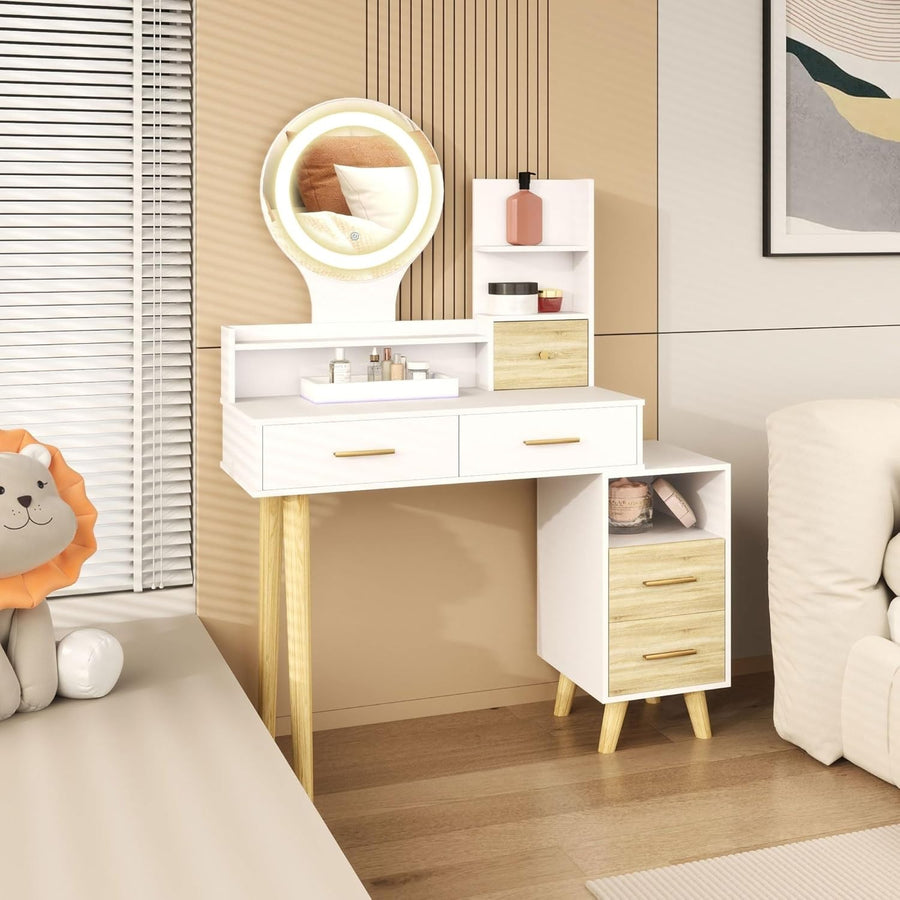 Dressing Table Desk Scandi White with LED Mirror 5 Drawers Storage Makeup Vanity