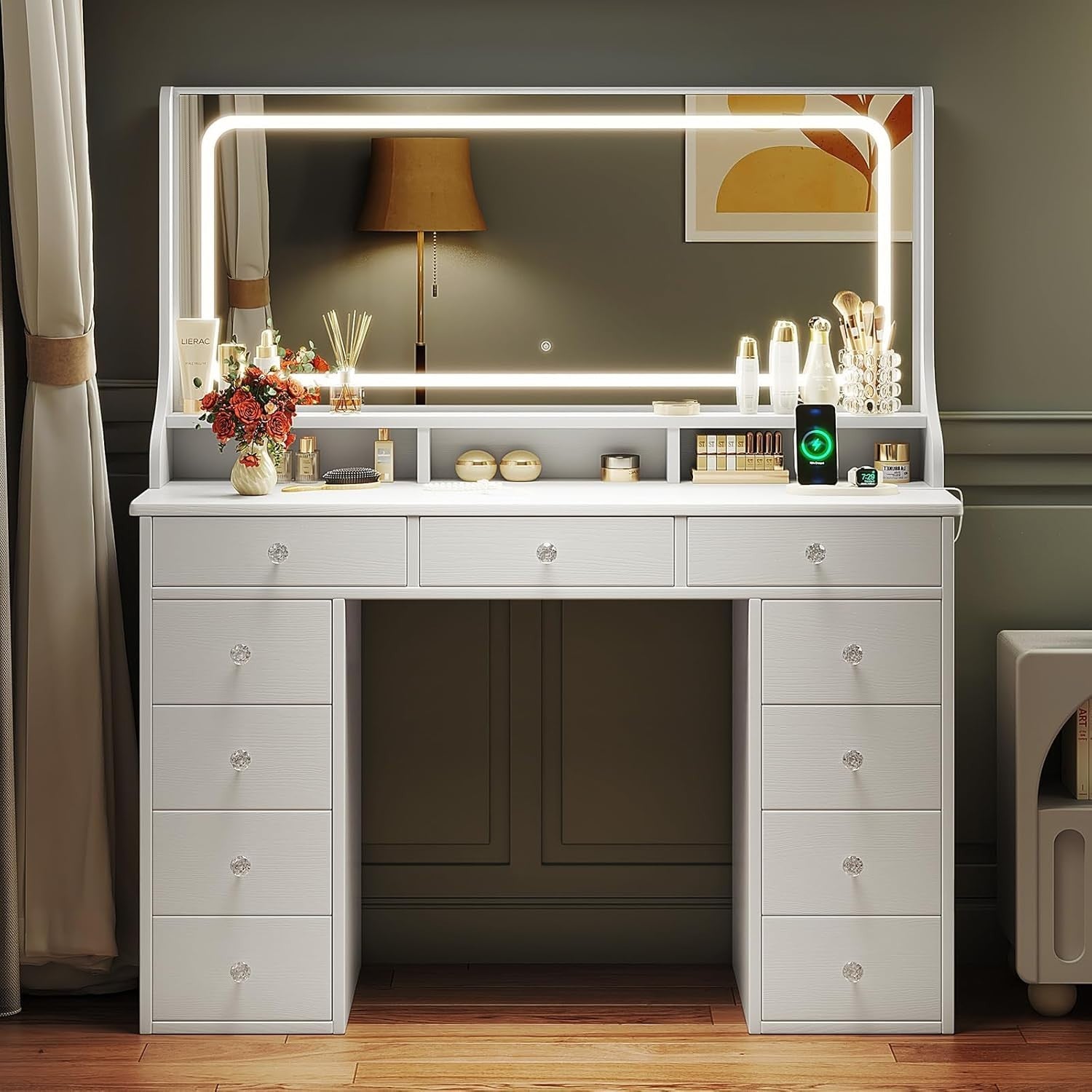 Large White Vanity Dressing Table Desk 11 Drawers LED Mirror Makeup Storage