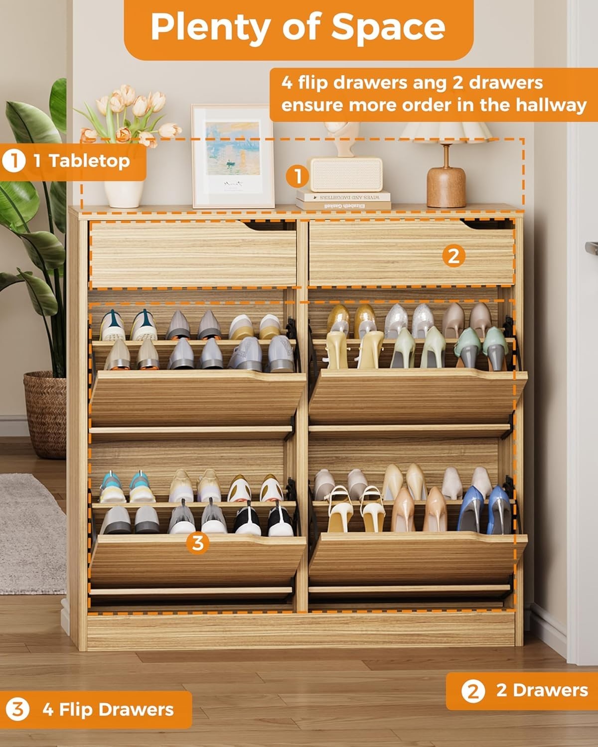Wood Shoe Cabinet with 4 Flip Drawers & 2 Storage Drawers – Slim Hallway Unit