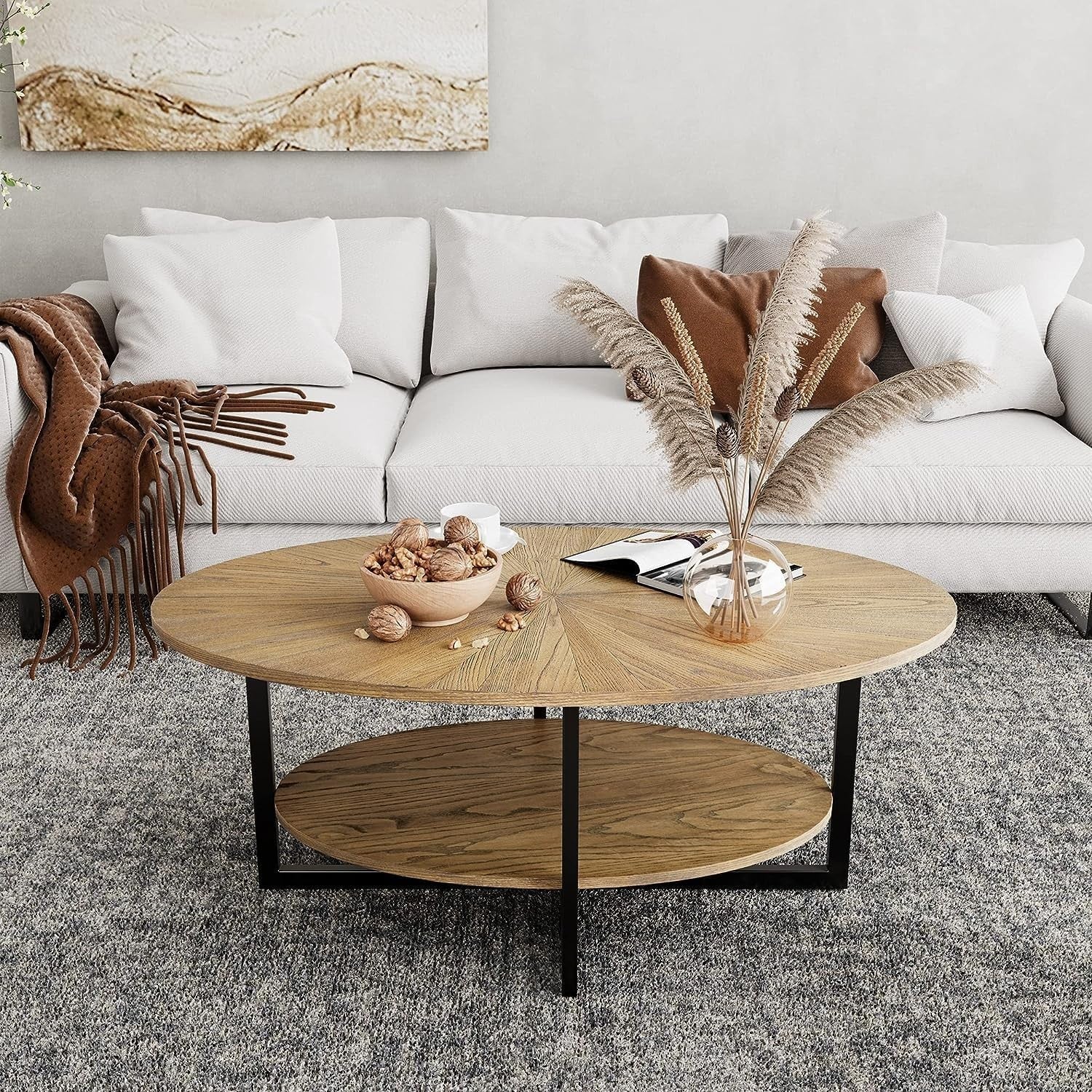 Rustic Brown Oval Coffee Table with Cross Metal Legs & 2-Tier Shelf 110cm