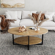Rustic Brown Oval Coffee Table with Cross Metal Legs & 2-Tier Shelf 110cm